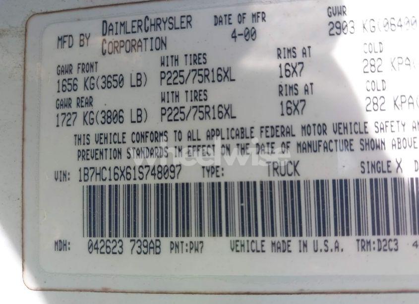 Photo 9 of 2001 Dodge Ram 1500 ST/WS (VIN 1B7HC16X61S748097)