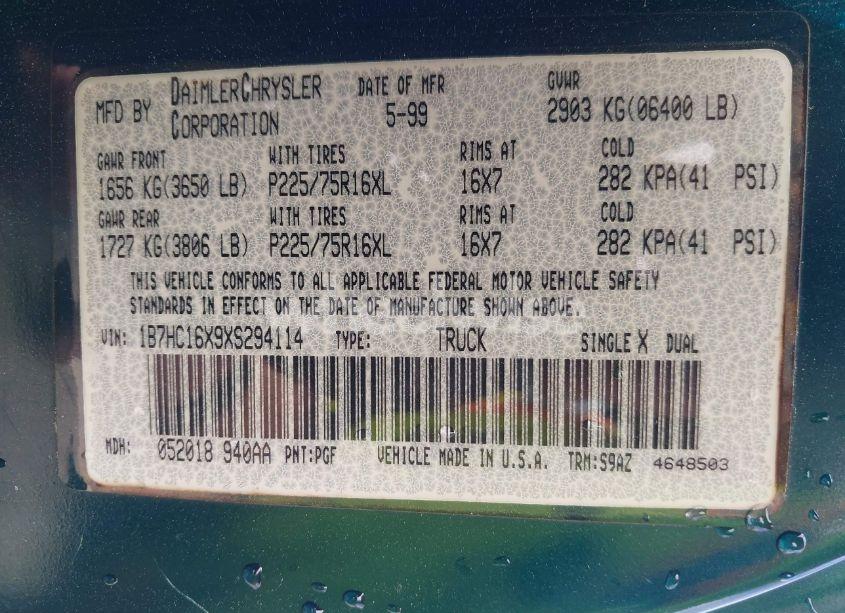 Photo 9 of 1999 Dodge Ram 1500 ST/WS (VIN 1B7HC16X9XS294114)