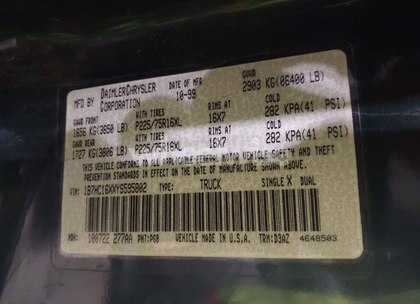 Photo 9 of 2000 Dodge Ram 1500 ST/WORK SPECIAL/WS (VIN 1B7HC16XXYS595802)