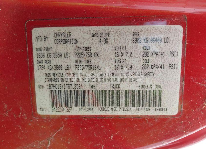 Photo 9 of 1996 Dodge Ram 1500 (VIN 1B7HC16Y1TS712524)