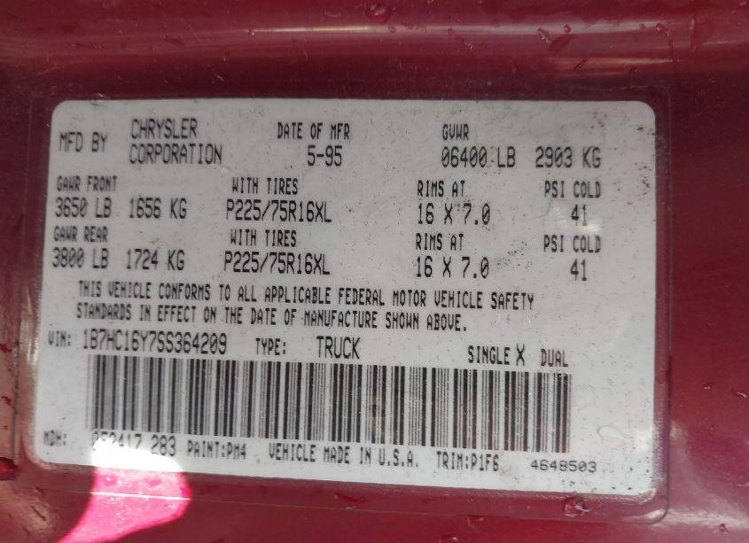 Photo 9 of 1995 Dodge Ram 1500 (VIN 1B7HC16Y7SS364209)