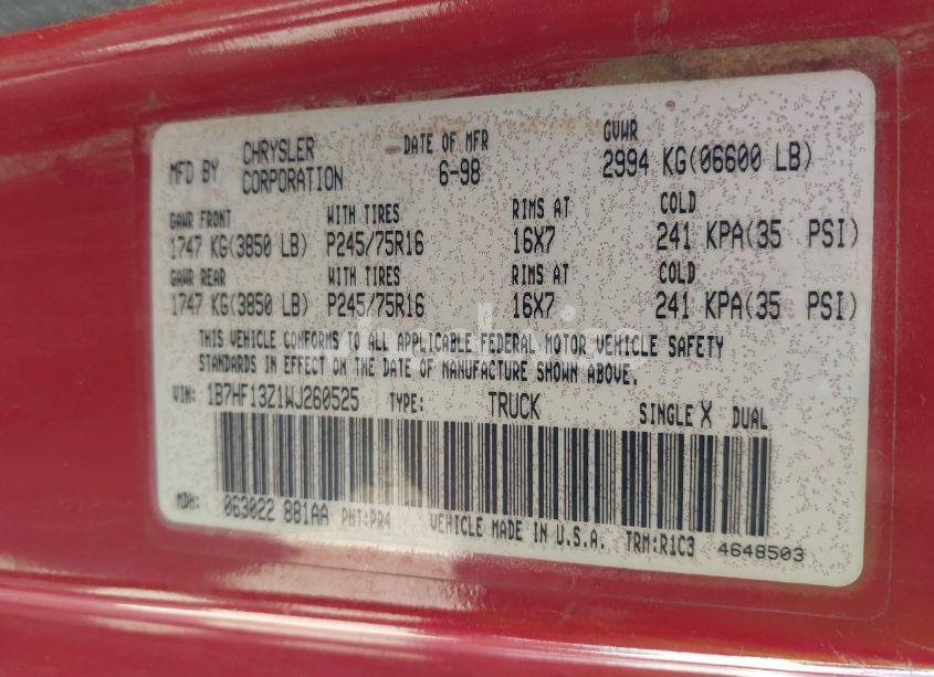 Photo 9 of 1998 Dodge Ram 1500 ST (VIN 1B7HF13Z1WJ260525)