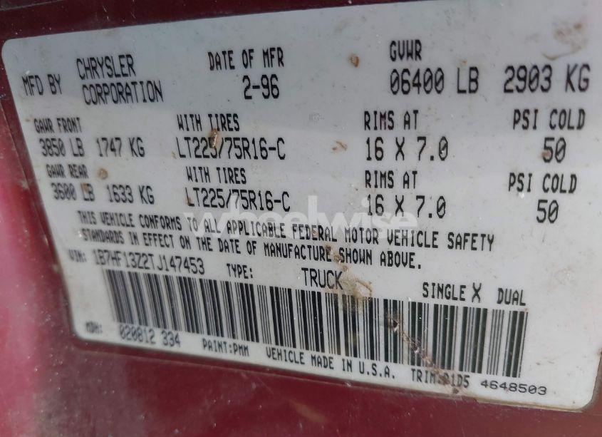 Photo 9 of 1996 Dodge Ram 1500 (VIN 1B7HF13Z2TJ147453)