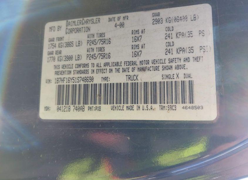 Photo 9 of 2001 Dodge Ram 1500 ST (VIN 1B7HF16Y51S748690)