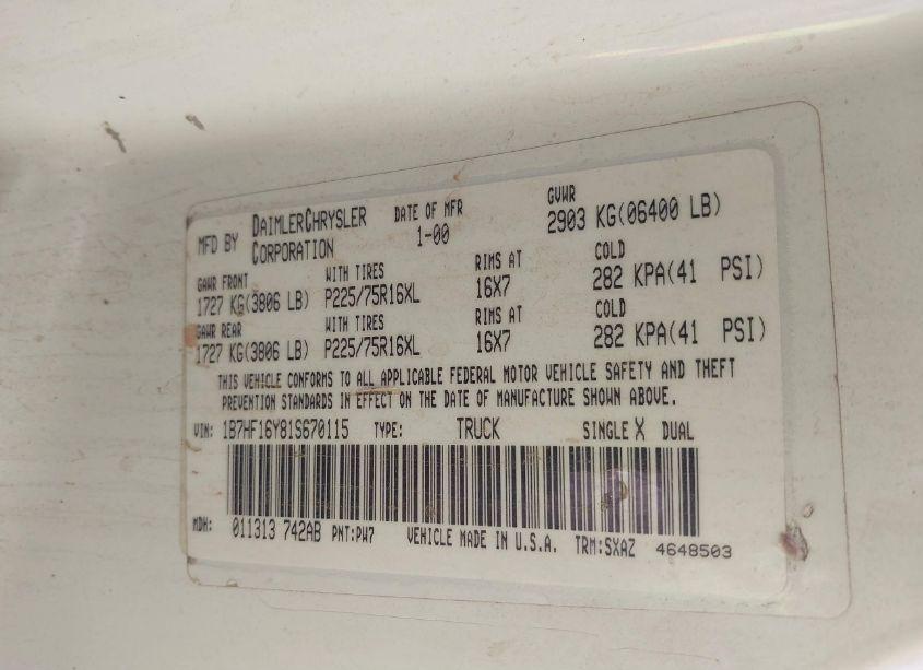 Photo 9 of 2001 Dodge Ram 1500 ST (VIN 1B7HF16Y81S670115)