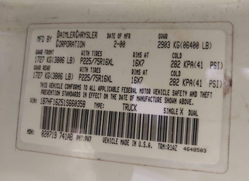 Photo 9 of 2001 Dodge Ram 1500 (VIN 1B7HF16Z51S660358)