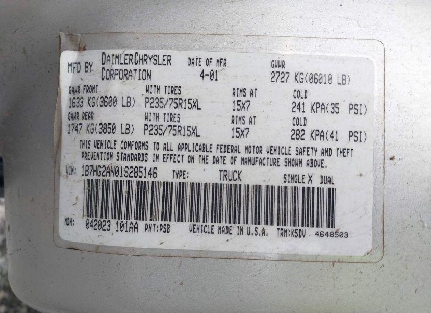 Photo 9 of 2001 Dodge Dakota SLT/SPORT (VIN 1B7HG2AN01S285146)