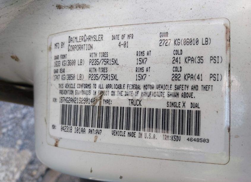 Photo 9 of 2001 Dodge Dakota SLT/SPORT (VIN 1B7HG2AN21S290140)