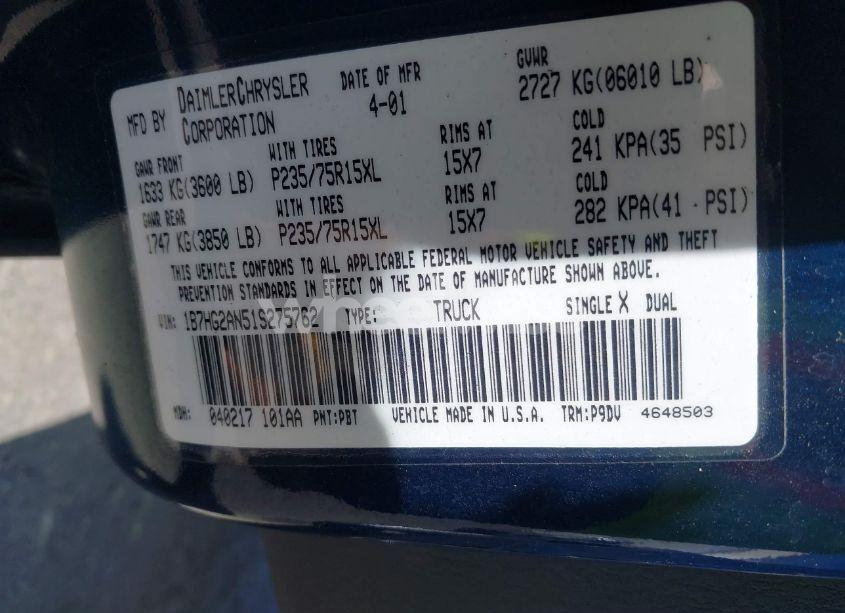 Photo 9 of 2001 Dodge Dakota SLT/SPORT (VIN 1B7HG2AN51S275762)