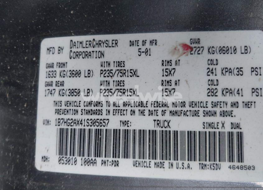 Photo 9 of 2001 Dodge Dakota SLT/SPORT (VIN 1B7HG2AX41S305657)