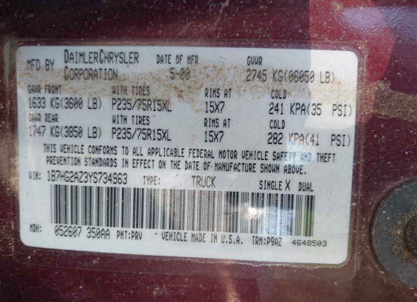 Photo 9 of 2000 Dodge Dakota SLT/SPORT (VIN 1B7HG2AZ3YS734963)