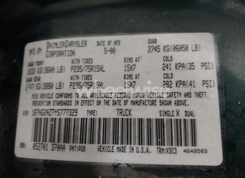 Photo 9 of 2000 Dodge Dakota SLT/SPORT (VIN 1B7HG2AZ7YS777329)