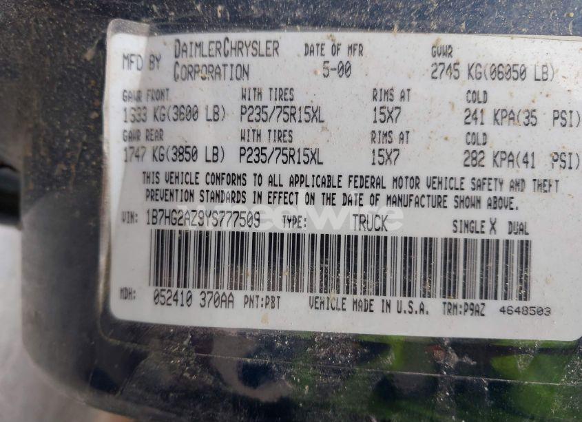 Photo 9 of 2000 Dodge Dakota SLT/SPORT (VIN 1B7HG2AZ9YS777509)