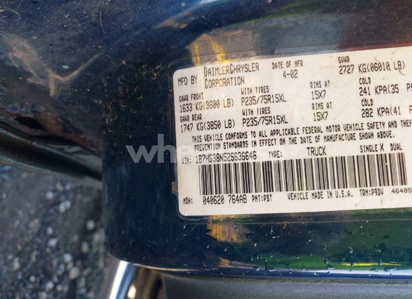 Photo 9 of 2002 Dodge Dakota SPORT (VIN 1B7HG38N52S636646)