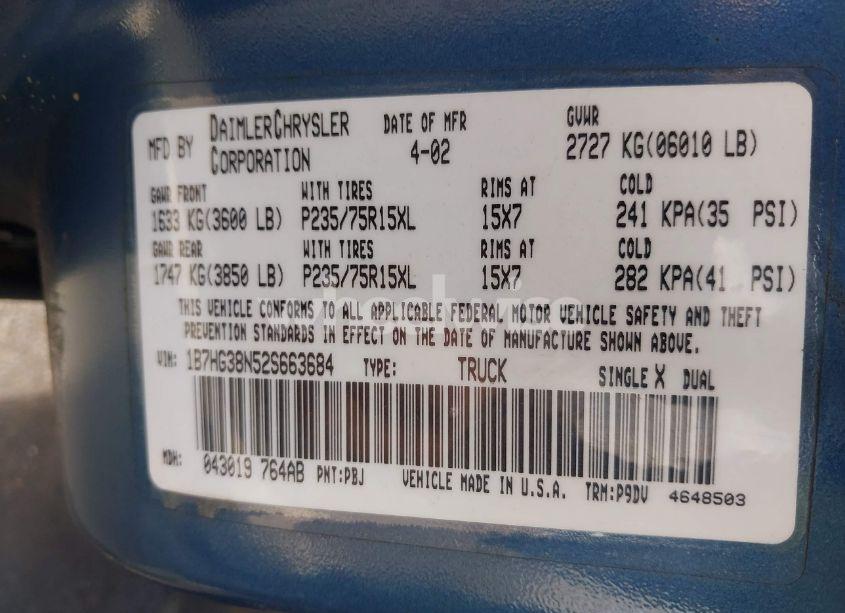 Photo 9 of 2002 Dodge Dakota SPORT (VIN 1B7HG38N52S663684)