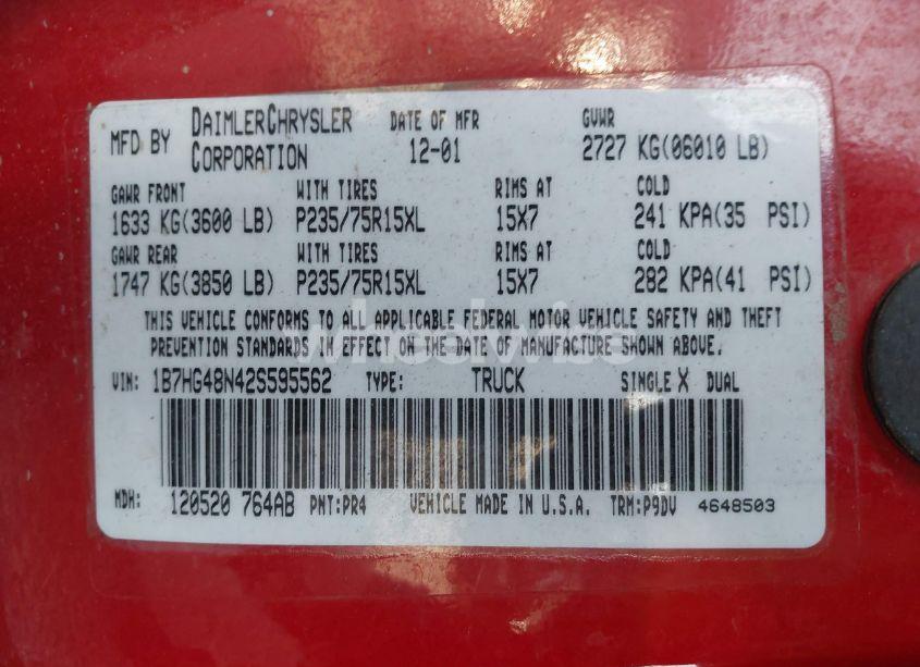 Photo 9 of 2002 Dodge Dakota SLT (VIN 1B7HG48N42S595562)