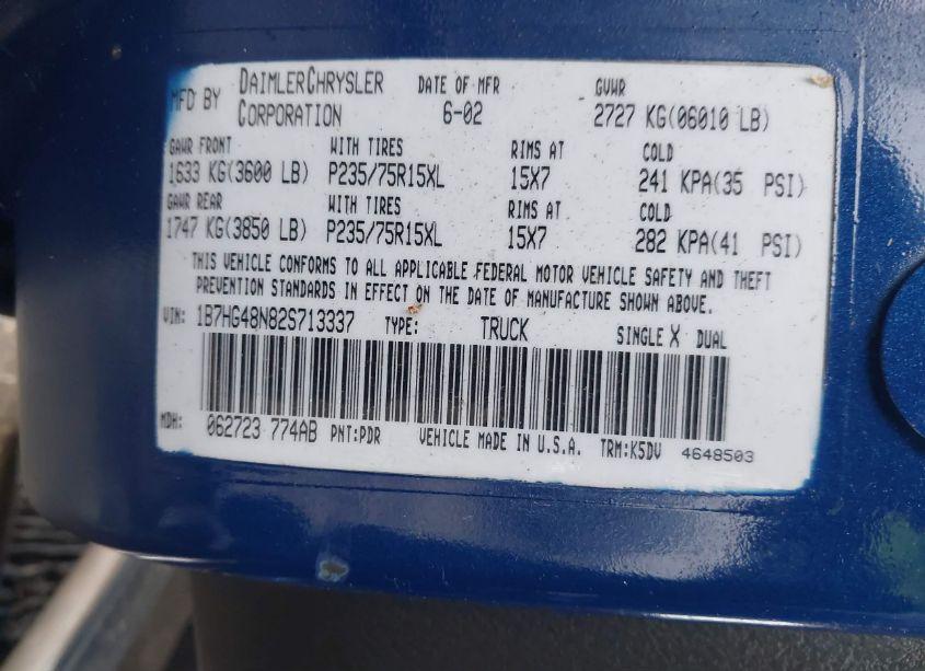 Photo 9 of 2002 Dodge Dakota SLT (VIN 1B7HG48N82S713337)