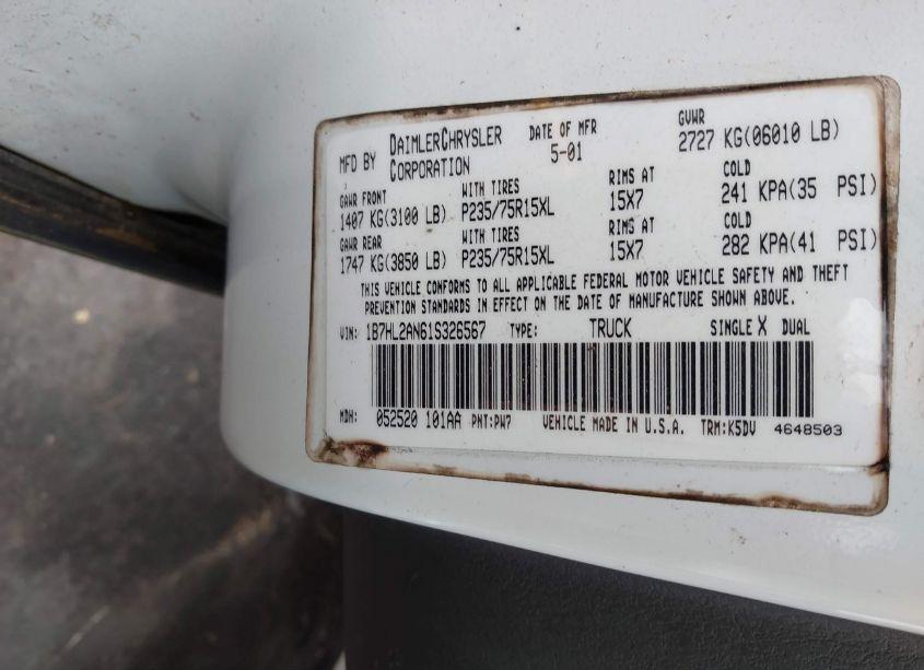 Photo 9 of 2001 Dodge Dakota SLT/SPORT (VIN 1B7HL2AN61S326567)