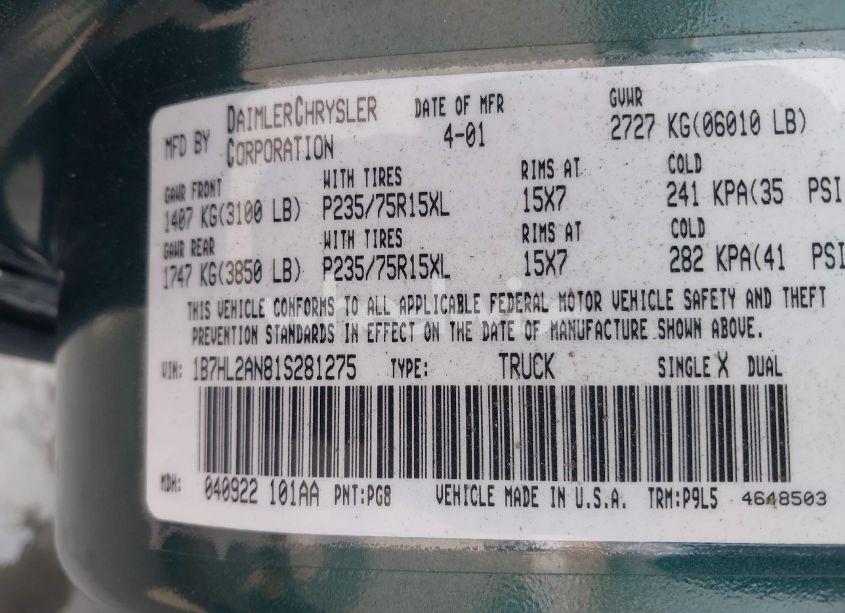 Photo 9 of 2001 Dodge Dakota SLT/SPORT (VIN 1B7HL2AN81S281275)