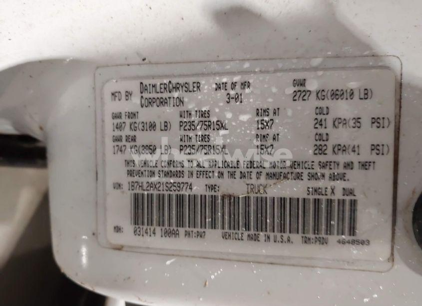 Photo 9 of 2001 Dodge Dakota SLT/SPORT (VIN 1B7HL2AX21S259774)