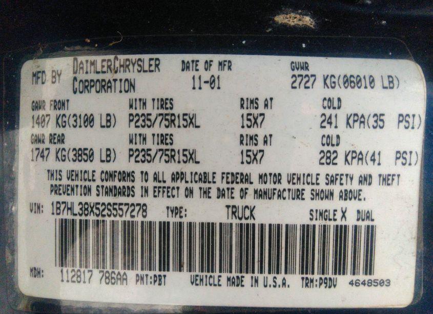 Photo 9 of 2002 Dodge Dakota SPORT (VIN 1B7HL38X52S557278)