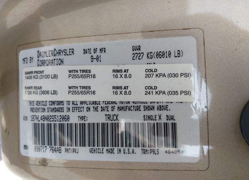 Photo 9 of 2002 Dodge Dakota SLT (VIN 1B7HL48N02S512060)