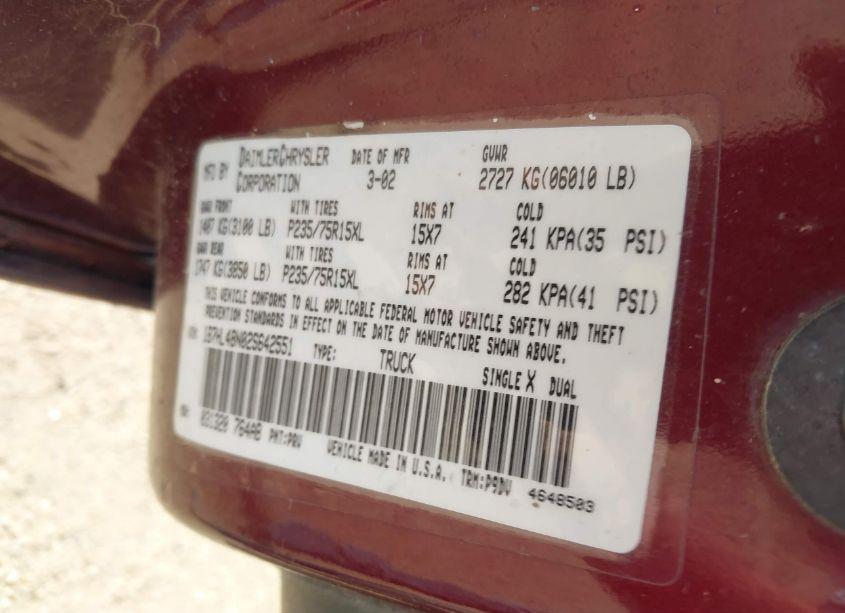 Photo 9 of 2002 Dodge Dakota SLT (VIN 1B7HL48N02S642551)