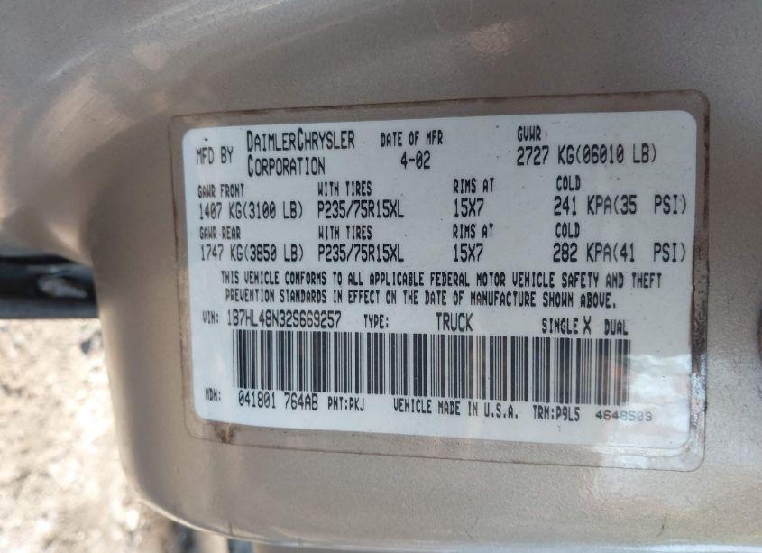 Photo 9 of 2002 Dodge Dakota SLT (VIN 1B7HL48N32S669257)