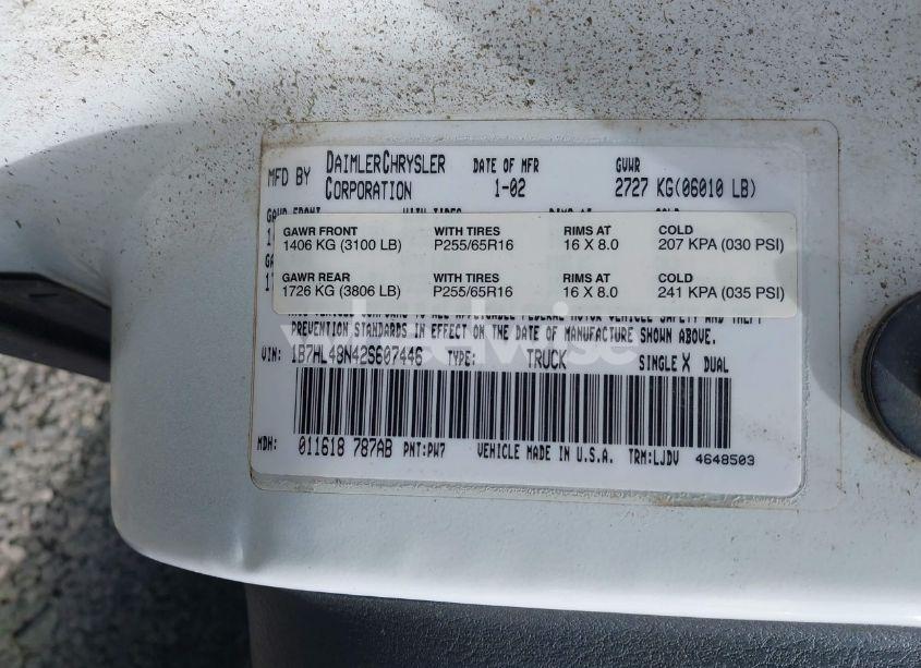 Photo 9 of 2002 Dodge Dakota SLT (VIN 1B7HL48N42S607446)