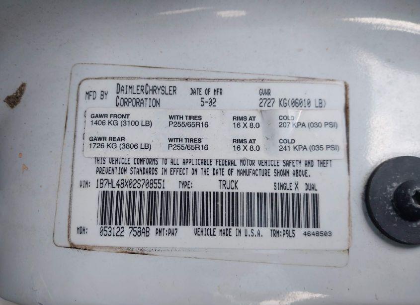 Photo 9 of 2002 Dodge Dakota SLT (VIN 1B7HL48X02S708551)