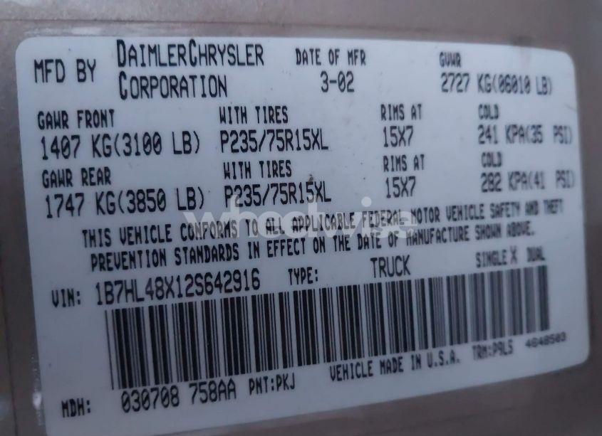 Photo 9 of 2002 Dodge Dakota SLT (VIN 1B7HL48X12S642916)