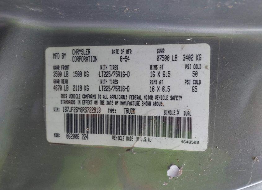 Photo 9 of 1994 Dodge Ram 2500 (VIN 1B7JF26Y8RS722913)