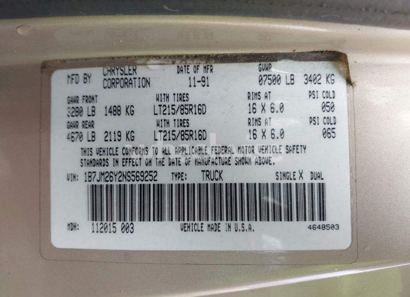 Photo 9 of 1992 Dodge W-series W200/W250 (VIN 1B7JM26Y2NS569252)