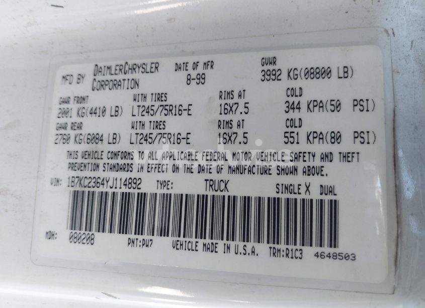 Photo 9 of 2000 Dodge Ram 2500 ST (VIN 1B7KC2364YJ114892)