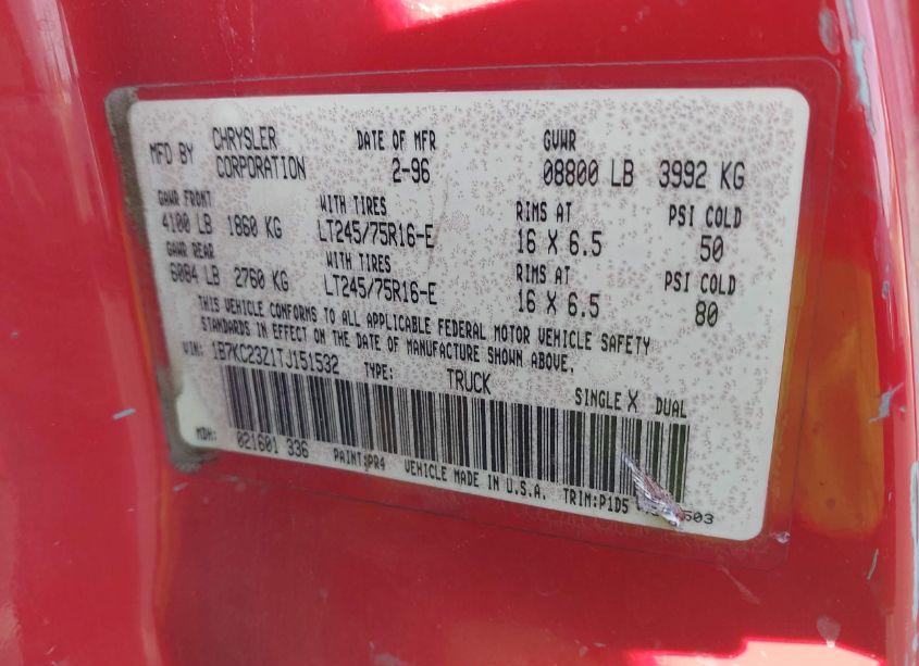 Photo 9 of 1996 Dodge Ram 2500 (VIN 1B7KC23Z1TJ151532)