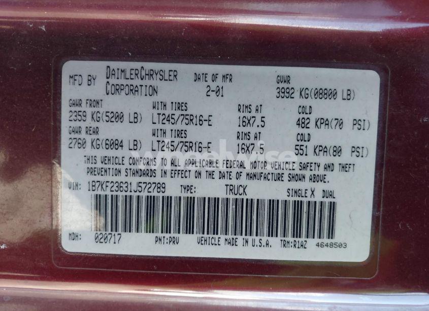 Photo 9 of 2001 Dodge Ram 2500 ST (VIN 1B7KF23631J572789)