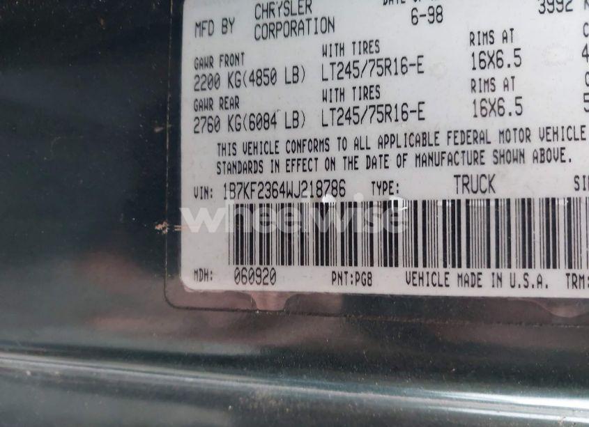 Photo 9 of 1998 Dodge Ram 2500 ST (VIN 1B7KF2364WJ218786)