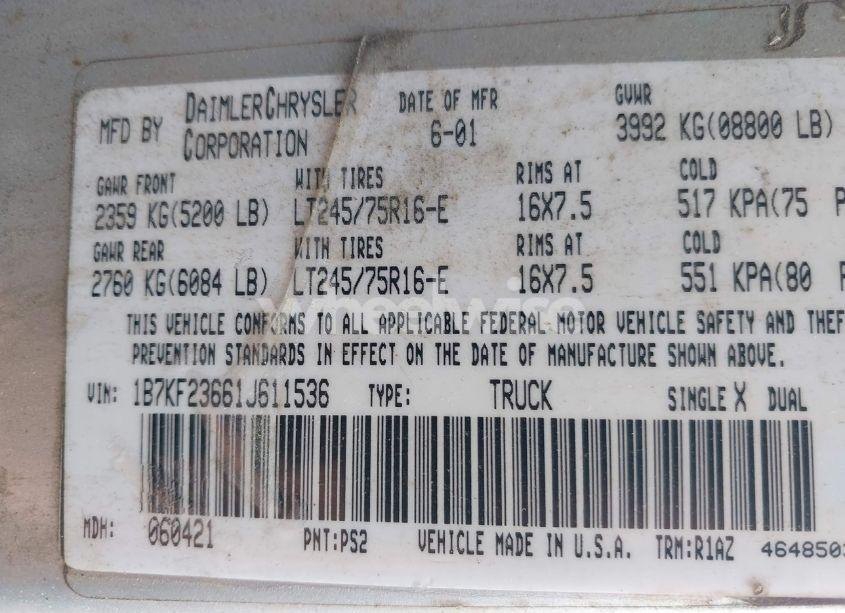 Photo 9 of 2001 Dodge Ram 2500 ST (VIN 1B7KF23661J611536)