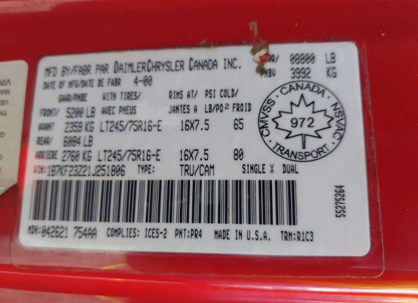 Photo 9 of 2001 Dodge Ram 2500 ST (VIN 1B7KF23Z21J251806)