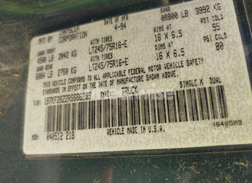 Photo 9 of 1994 Dodge Ram 2500 (VIN 1B7KF26Z2RS666299)