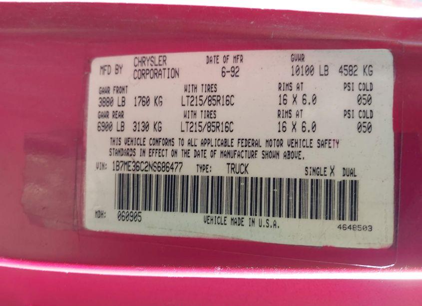 Photo 8 of 1992 Dodge D-series D300/D350 (VIN 1B7ME36C2NS686477)