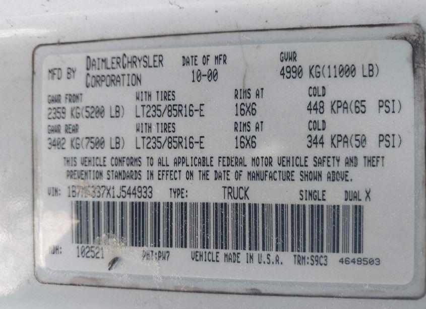 Photo 8 of 2001 Dodge Ram 3500 ST (VIN 1B7MF337X1J544933)