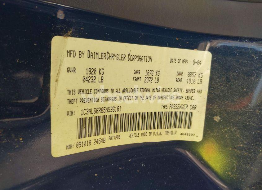 Photo 9 of 2005 Chrysler Sebring LIMITED (VIN 1C3AL66R85N536181)