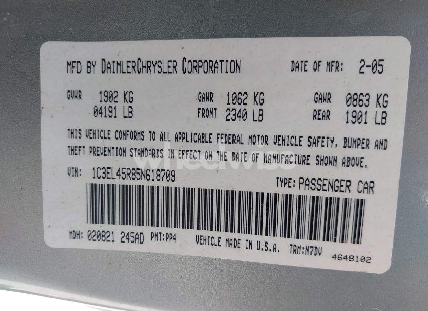Photo 9 of 2005 Chrysler Sebring (VIN 1C3EL45R85N618709)