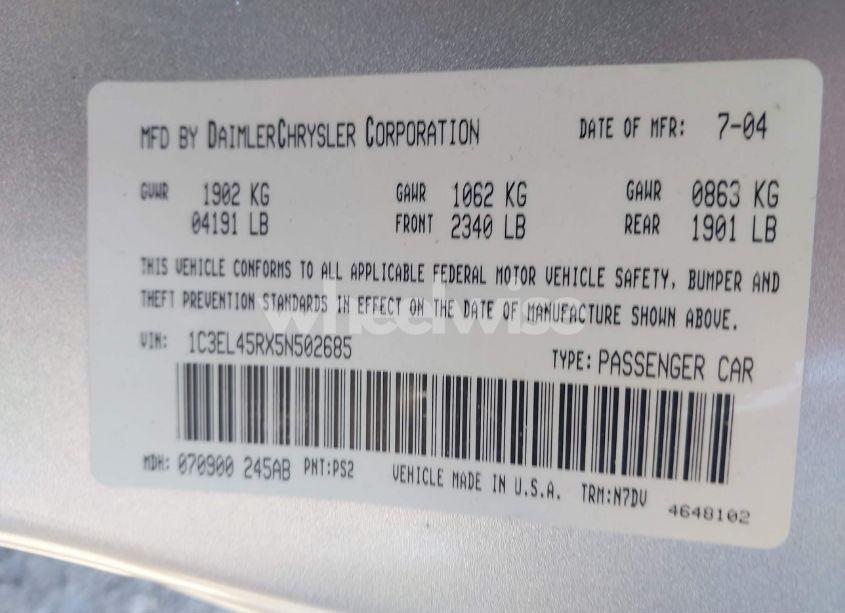 Photo 9 of 2005 Chrysler Sebring (VIN 1C3EL45RX5N502685)