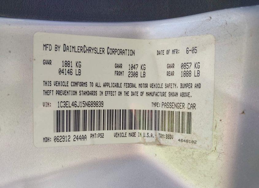 Photo 9 of 2005 Chrysler Sebring (VIN 1C3EL46J15N689839)