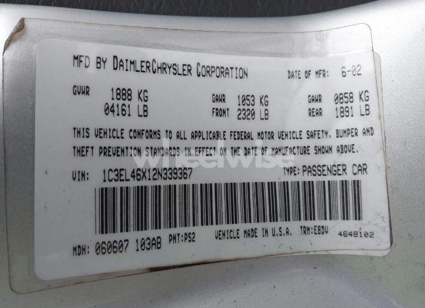 Photo 9 of 2002 Chrysler Sebring (VIN 1C3EL46X12N339367)