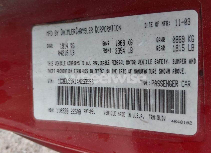 Photo 9 of 2004 Chrysler Sebring LXI (VIN 1C3EL55R14N253553)