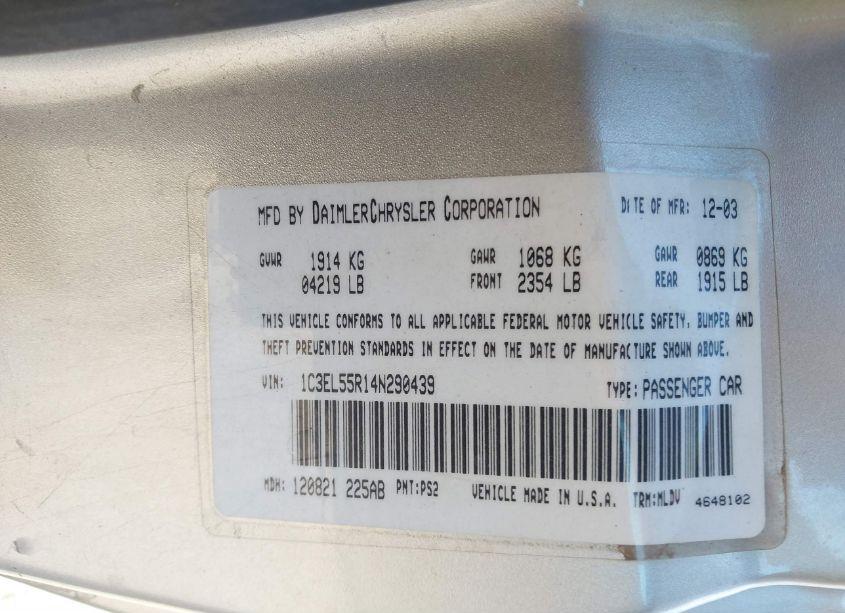 Photo 9 of 2004 Chrysler Sebring LXI (VIN 1C3EL55R14N290439)