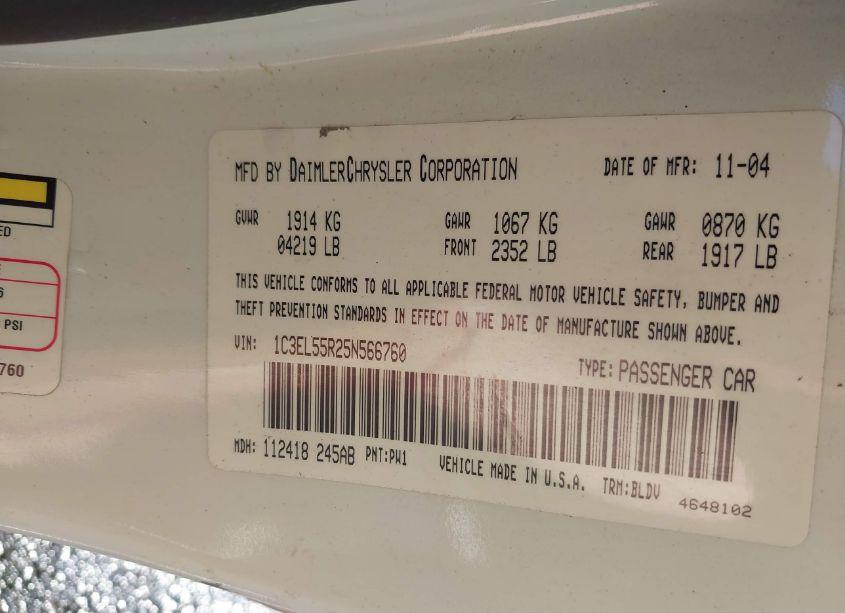 Photo 9 of 2005 Chrysler Sebring TOURING (VIN 1C3EL55R25N566760)